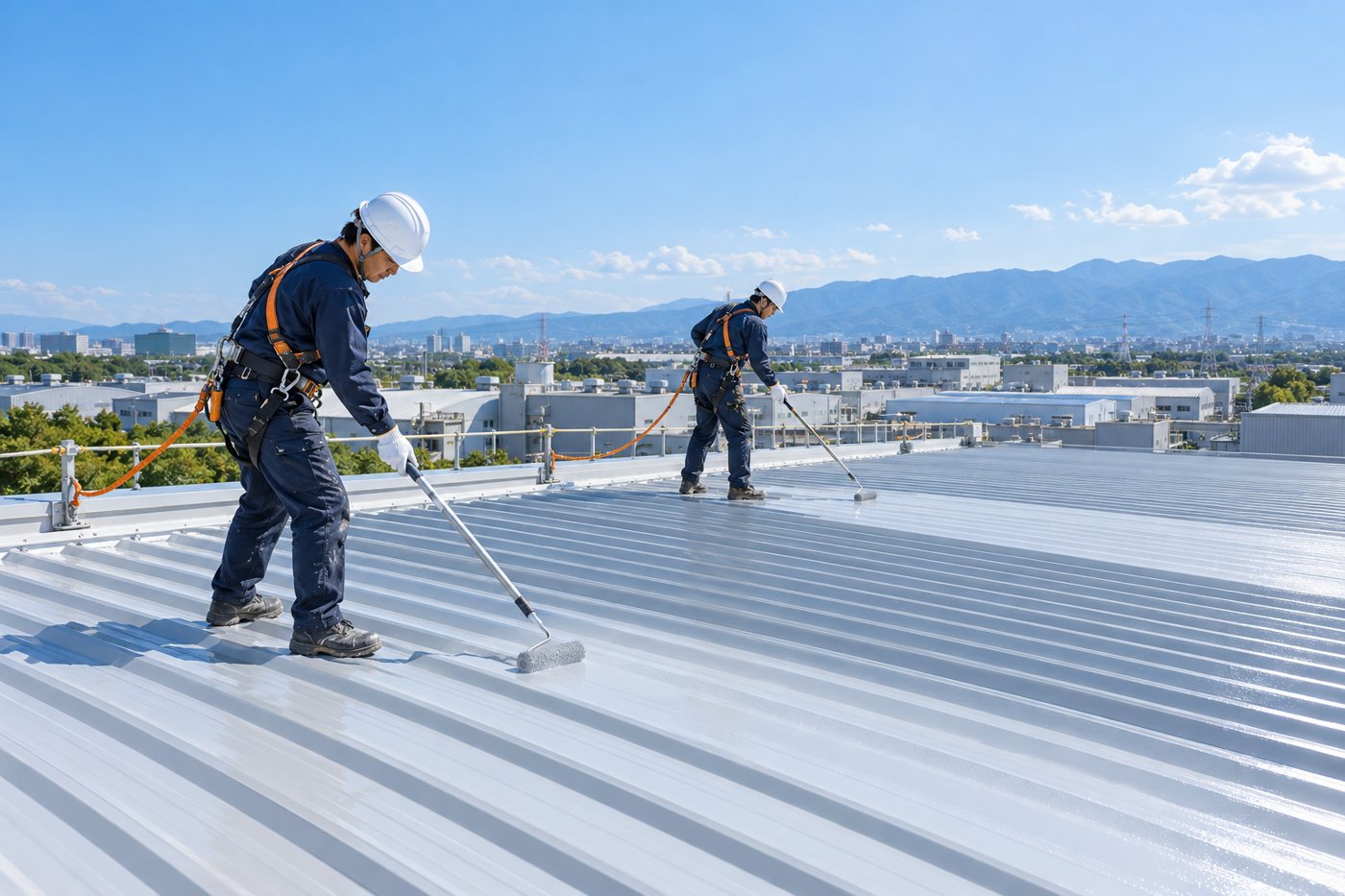 安全対策を行い工場の折板屋根へ塗装する施工イメージ