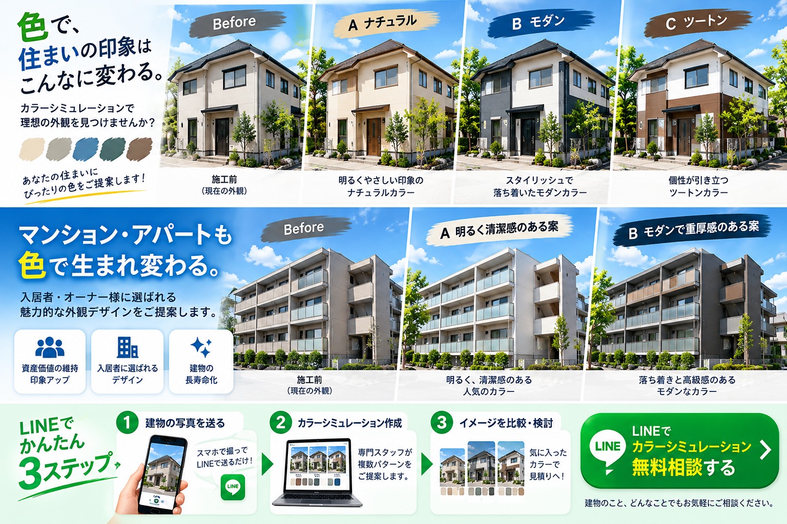 同じ住宅をナチュラル・モダン・ツートンの3色で比較したカラーシミュレーション例
