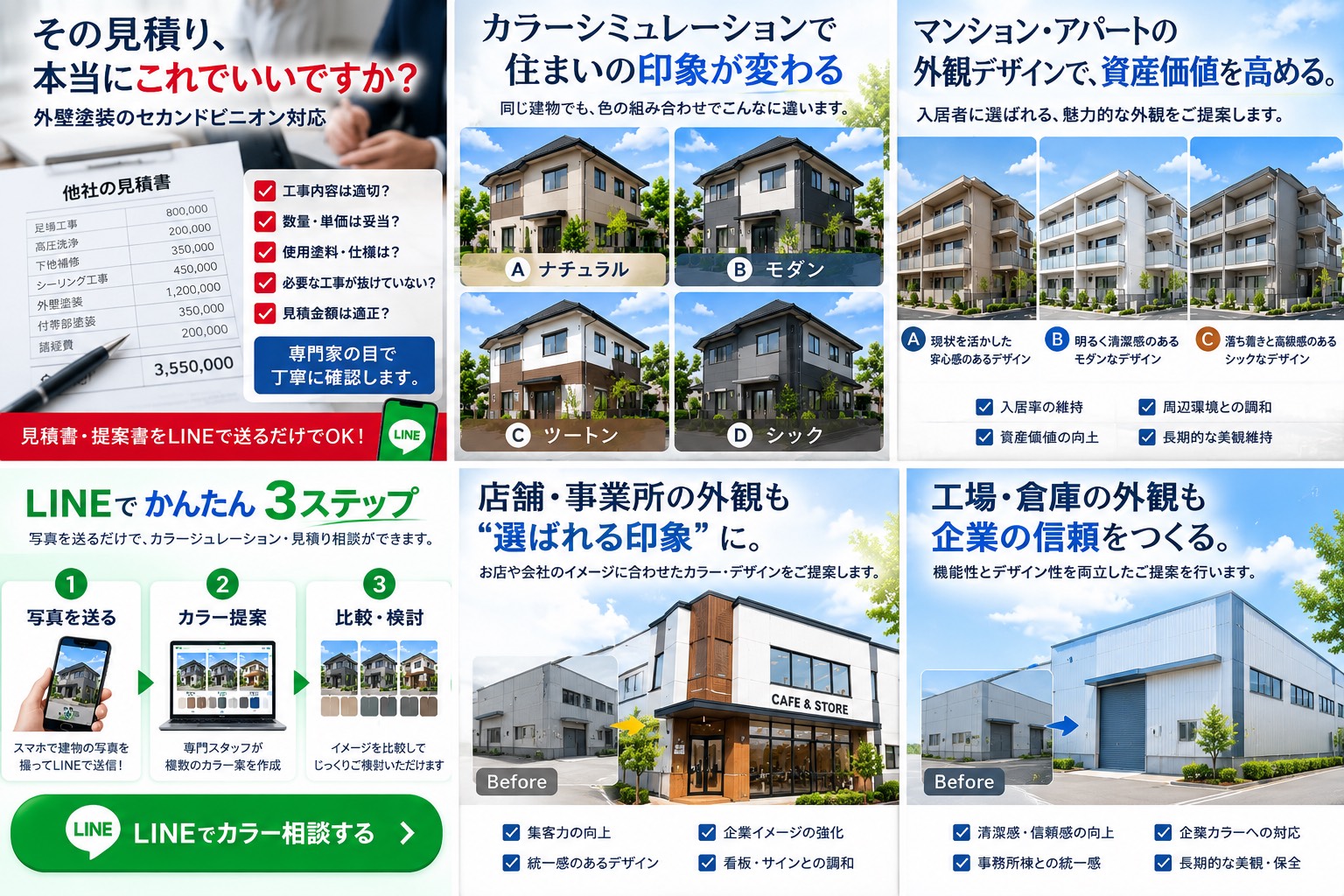 店舗と工場の外観カラー比較例