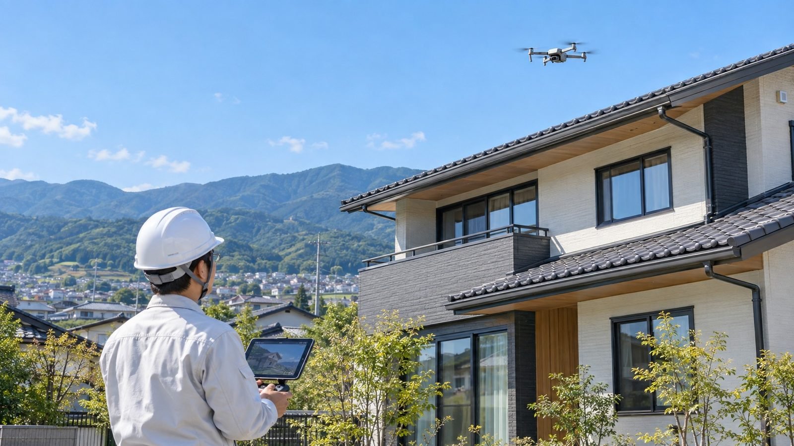 南信州の建物外壁をドローンで調査する専門スタッフ