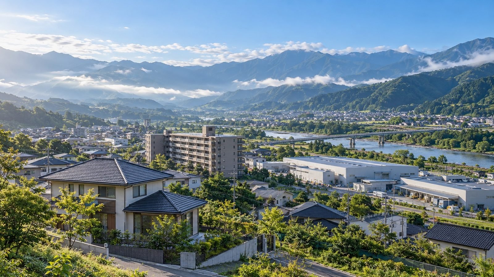 住宅・マンション・工場・橋が並ぶ南信州の街並みのイメージ