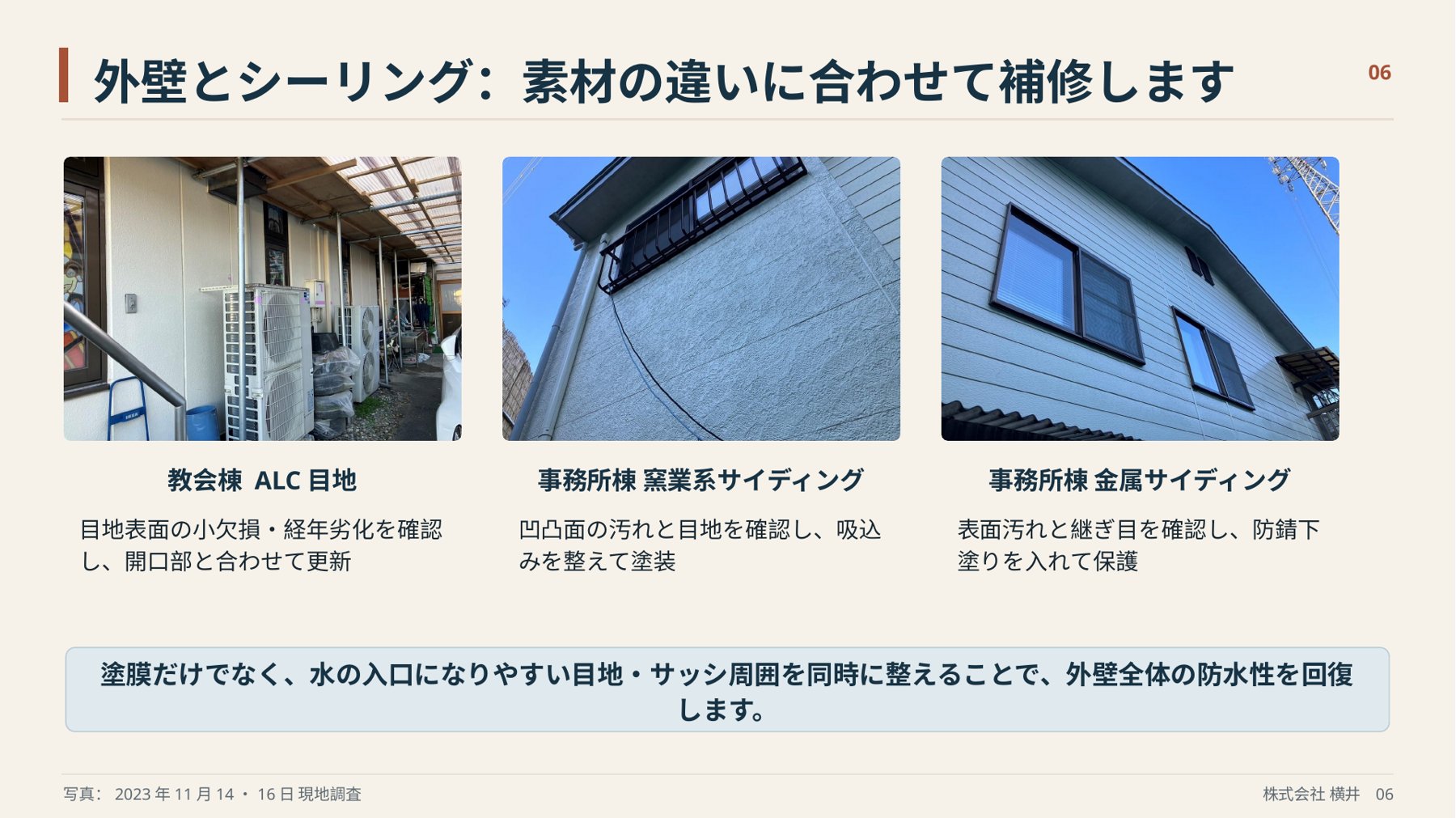 施設建物の改修提案資料。ALC目地・窯業系サイディング・金属サイディングの素材別の補修方針を整理したスライド