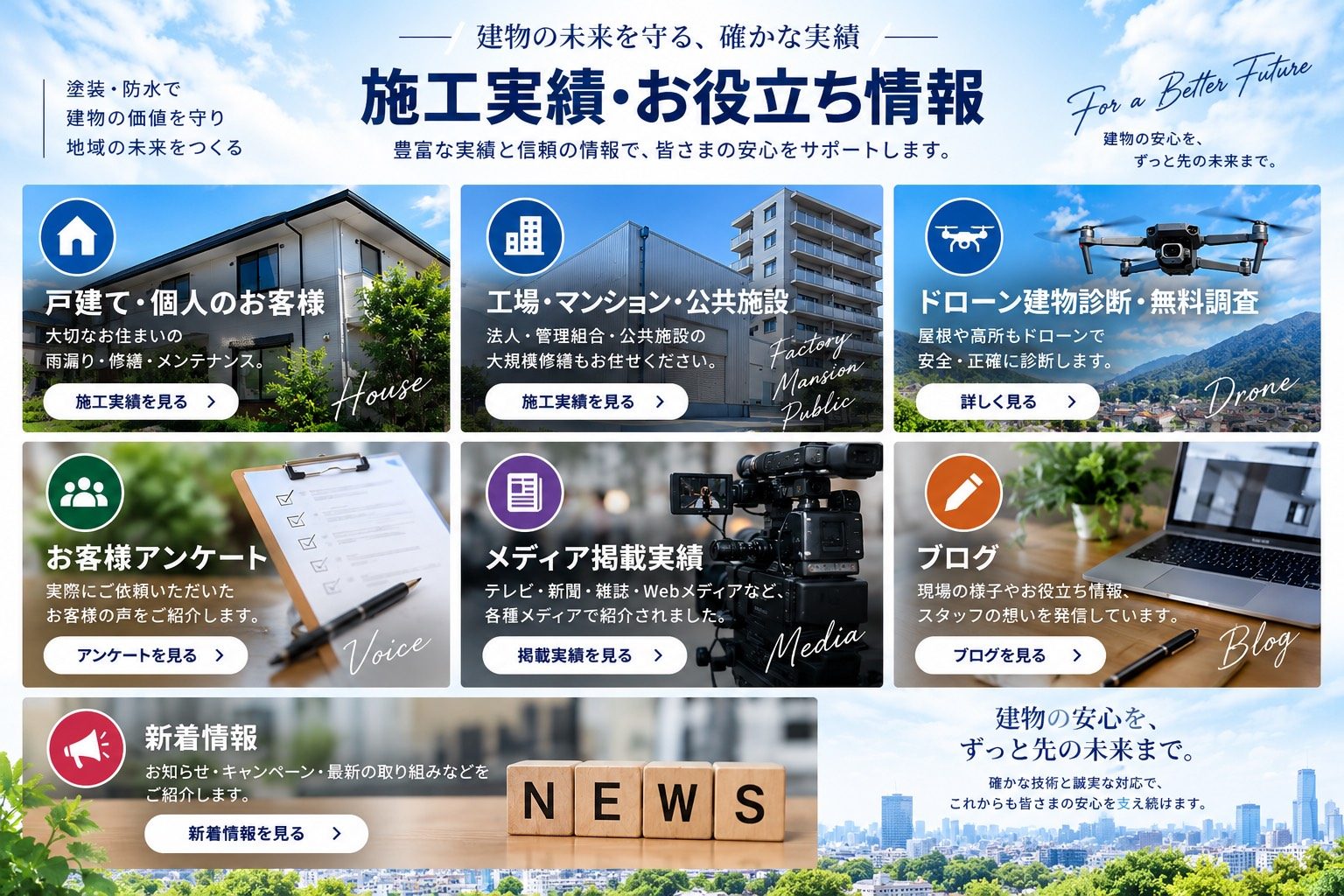 施工実績・お役立ち情報（戸建て・個人／工場・マンション・公共施設／ドローン建物診断／お客様アンケート／メディア掲載／ブログ／新着情報）