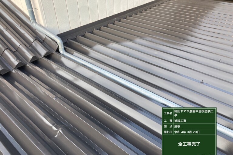 <p>中屋根・階段屋根は、塗装前に高圧洗浄とケレン作業を行い、汚れや脆弱な旧塗膜、錆などを除去しました。<br>

下塗りには「2液サビカット」を使用し、鉄板部分の防錆性能を高めたうえで、中塗り・上塗りには「ユメロックルーフ」を採用。2液型弱溶剤シリコン仕様で丁寧に塗り重ね、屋根を雨水や紫外線から保護できる塗膜へ仕上げました。仕上げ色には新ブラウンを採用し、落ち着きのある外観に整えています。<br>

また、大屋根の雪止めアングルについてもユメロックルーフで塗装し、屋根全体の耐久性と美観の向上を図りました。</p><p>調査・施工内容<br>

* 中屋根：112㎡<br>
* 階段屋根：25㎡<br>
* 高圧洗浄・ケレン<br>
* 鉄板部下塗り：2液サビカット<br>
* 中塗り・上塗り：ユメロックルーフ<br>
* 大屋根雪止めアングル塗装<br>
* ベランダ床剥がし復旧<br>
* 足場組立</p>