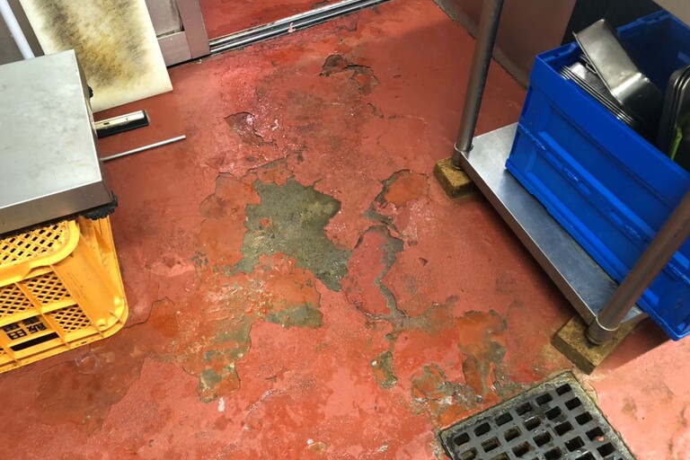 <p>長野県飯田市中央通りの「肉のまるやま」様にて、店舗厨房床の防塵塗装部分補修工事をご依頼いただきました。<br>

現地調査では、厨房床の既存塗膜に広範囲の剥がれや浮き、摩耗が確認され、一部では下地が露出している状態でした。厨房は水や油汚れが付着しやすく、人や設備の移動も多いため、床面には継続的に大きな負担がかかります。<br>

塗膜の剥がれを放置すると劣化範囲が広がるだけでなく、清掃性や衛生面にも影響するため、傷みが進行している部分を中心に下地処理を行い、防塵塗装による部分補修をご提案しました。<br>

＊ドローン無料調査<br>
＊横井豊史教師建物診断</p><p><br></p>
