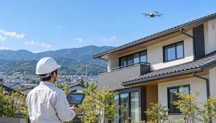 南信州の建物外壁をドローンで調査する専門スタッフ