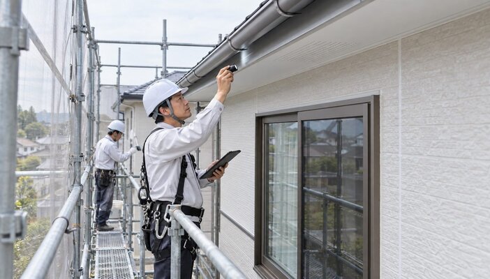 足場の上で建物の状態を確認する診断のイメージ