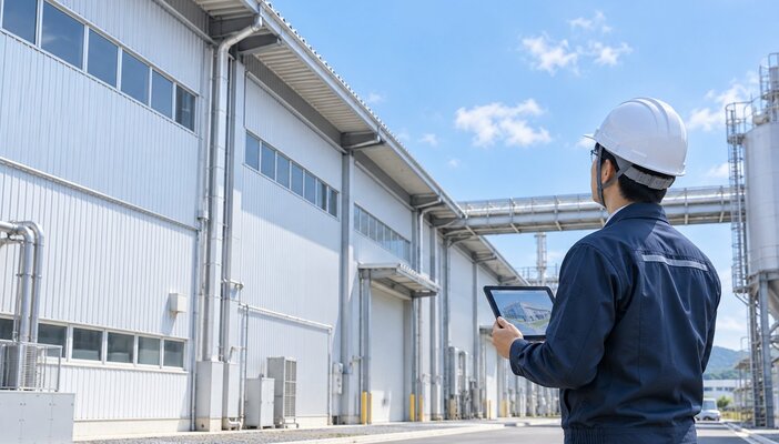 工場の建物を確認する調査員